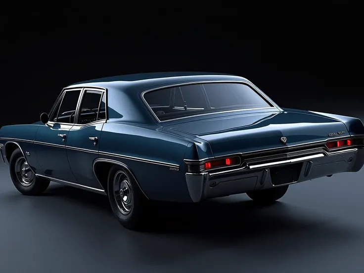 a dark metallic blue 1967 four-door chevy impala sedan, highly detailed,photorealistic,8k,high resolution,hyperrealistic,dramatic lighting,glossy finish,pristine condition,classic american muscle car,reflective surfaces,dynamic camera angle,dramatic shadow...