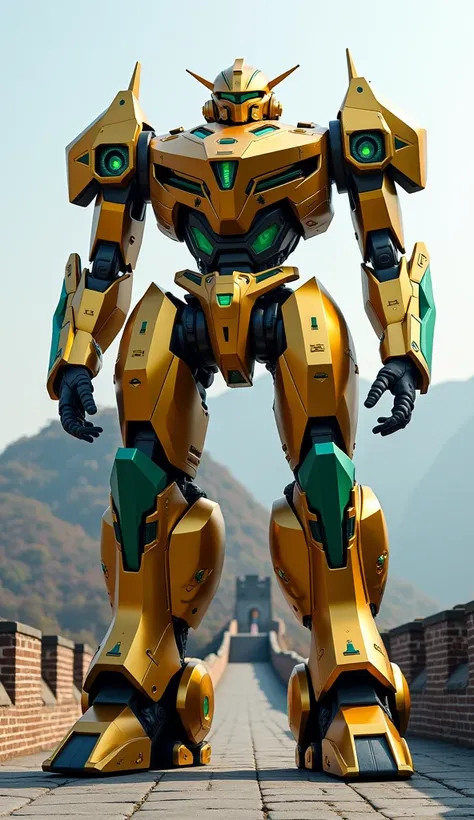 Giant Combat Robot for China: With an imposing and modern design, this robot is mainly gold with green and blue accents. It is placed in front of the Great Wall of China in Beijing.