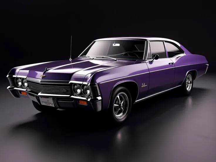 a dark metallic violet 1967 four-door chevy impala sedan, highly detailed,photorealistic,8k,high resolution,hyperrealistic,dramatic lighting,glossy finish,pristine condition,classic american muscle car,reflective surfaces,dynamic camera angle,dramatic shad...