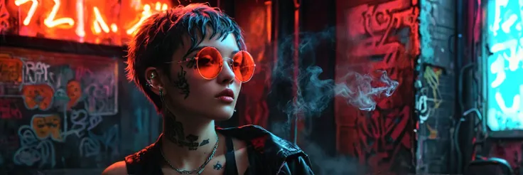 Cyberpunk-inspired portrait of a young woman with short, layered hair, wearing round, tinted sunglasses that reflect a neon red glow. She is dressed in a black tank top and oversized jacket, with visible tattoos on her arm and collarbone. The scene has dar...