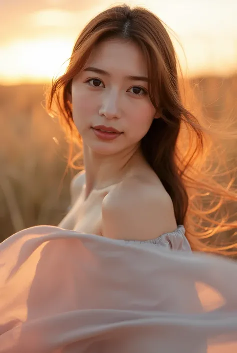 beautiful asian woman. She wears modern top , graceful , pastel colors . cloth fabrics flowing around her. sunset . confident expression .