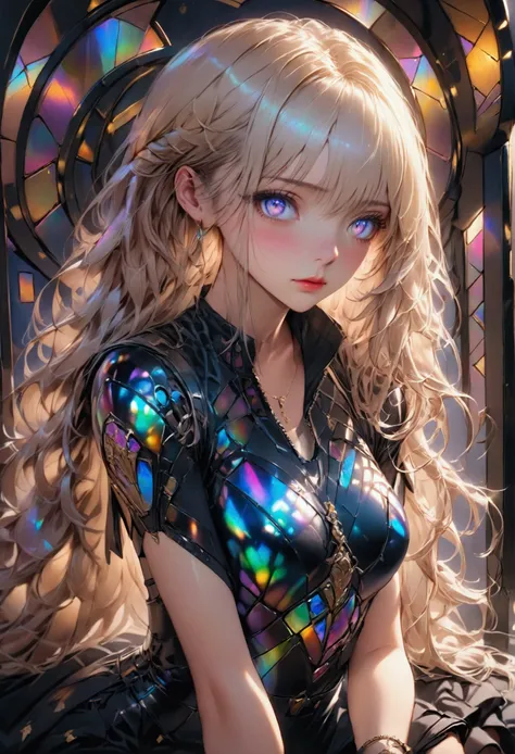 1girl,Long smooth straight golden hair, iridescent eyes,athletic hourglass figure,sitting in jk armour .masterpiece, super detail,detailed eyes, best quality, 8k,realistic