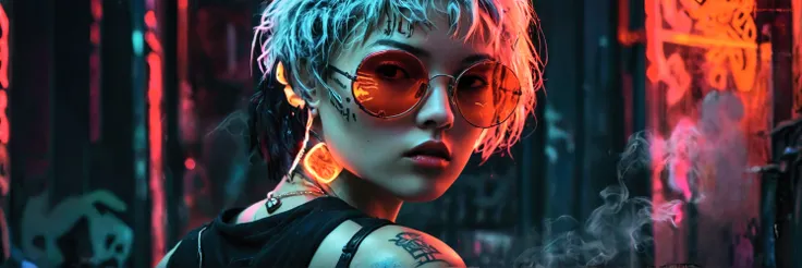 Cyberpunk-inspired portrait of a young woman with short, layered hair, wearing round, tinted sunglasses that reflect a neon red glow. She is dressed in a black tank top and oversized jacket, with visible tattoos on her arm and collarbone. The scene has dar...