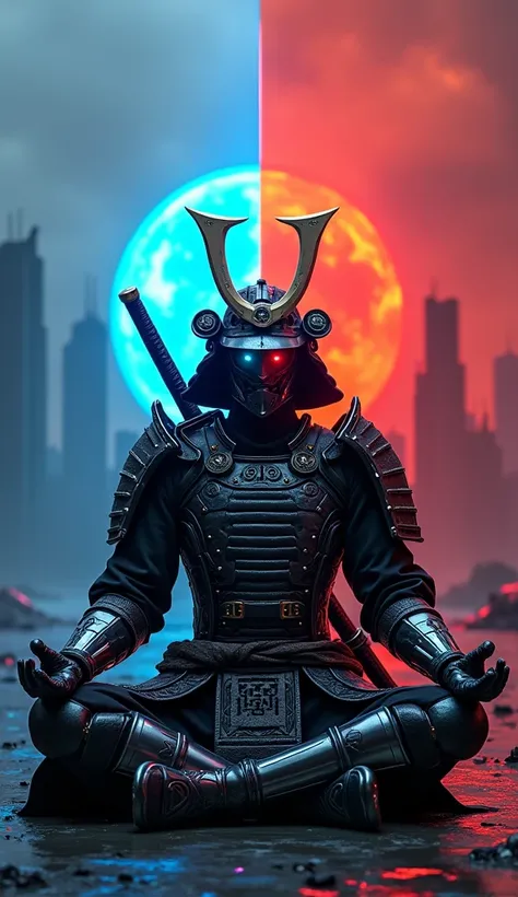 Cyber samurai in lotus position, advanced black and silver samurai armor with high-tech helmet, metallic left hand resting on knee, dual katanas crossed behind his back, futuristic cybernetic details, glowing blue eye on one side and fiery red eye on the o...