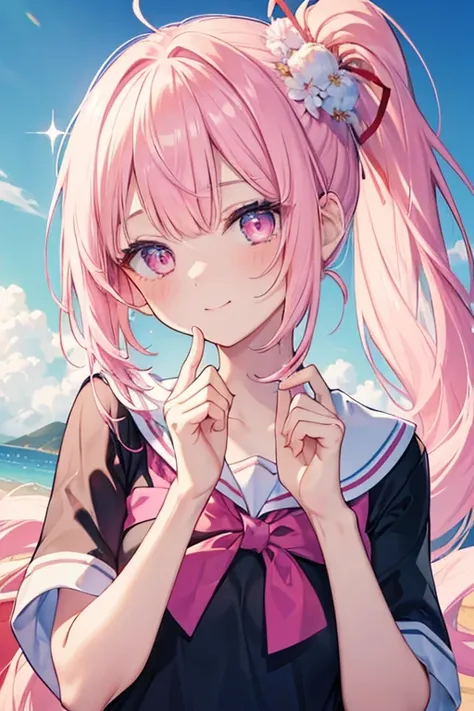 Best Quality, masterpiece,  1 girl, bangs,Pink Hair,Side ponytail to the right,The tactile sensation is about the length of a chin , pink eyes, Bright Eyes, fun, big sparkling eyes,  Sparkling Eyes, smile, anime,  sailor suit on the right is blue and has a...