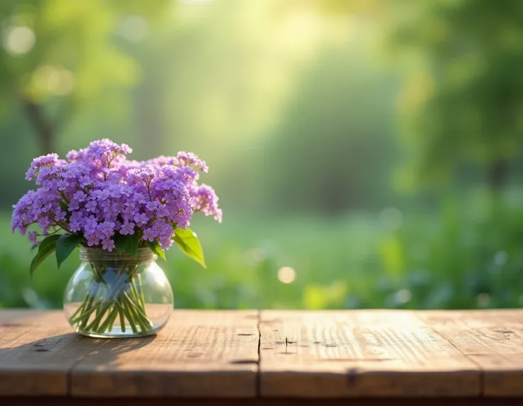 A wooden table with a vase of purple flowers in the foreground, with a blurred green natural background