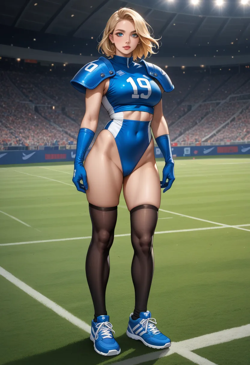 1 woman  , leather costume , full body photo,  of the women's national football league, medium hair , realistic background, amer...