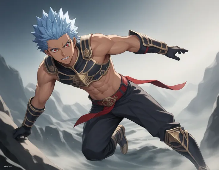 score_9, score_8_up, score_7_up, source_anime, BREAK 1man, heroic ikemen, solid dude, light blue hair, spiked hair slicked back, forehead, tsurime, red eyes, toned body, tanned skin, sharp eyes, BREAK abs, black armor, croptop armor, sleeveless armor, blac...