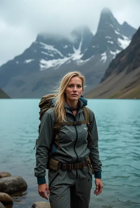 Realistic photograph of a beautiful blonde woman with wet hair wearing wet trekking clothes, on a rainy day, heavy rain,  with fishing clothes and a backpack on her back , In the background a Patagonian lake with waves  