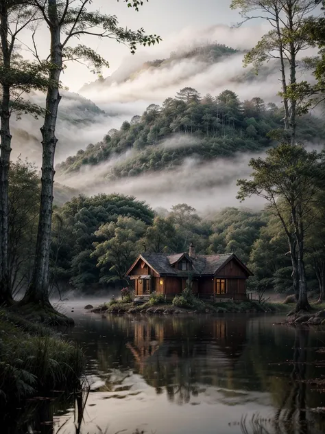  creates a tranquil lakeside cottage scene in a dense misty forest. The mood should be a mysterious and calm light ,  of the cottage emits a soft glow through the mist 