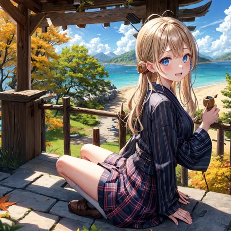 Chestnut Hair、 blue eyes、Hair tied up、Two cute、 plaid mini skirt 、 BLACK T-SHIRT、 Long Sleeve 、kimono、striped high socks、Teeth are visible、lawn、The stone is cracked、Uneven ground、The road is curved、Diamond Earrings、View from above、Large autumn tree、Mountai...