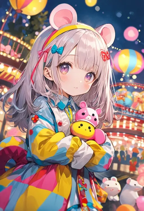 (masterpiece, best quality),crisped illustration,
woodblock print collage depicting,rat-ear cute girl,solo,floating in waitressness amusement park,she is surrounded by cute rat stuffed toy,wearing mascot outfit,splash color, contemporary art,bokeh,