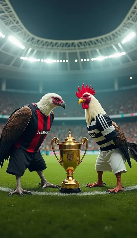 In the center of a soccer stadium, two powerful animals face off in front of a golden trophy, engraved with "COPA DO BRASIL," shining brightly under the soft stadium lights. Between them, the trophy gleams, with each of the opponents – the vulture and the ...