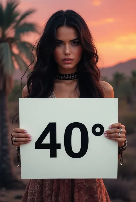 Beautiful rocker girl with long wavy hair, bohemian dress, holding a white board with the text that says in black letters and a very large font"40° "