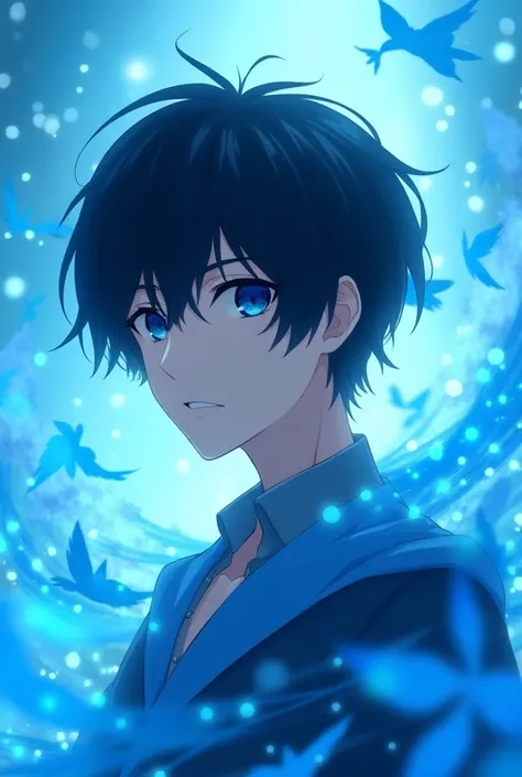 Anime boy with black hair and blue background and blue particals and Wavy written 