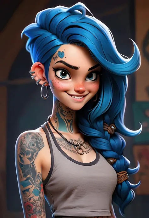 a 25 year old girl, beautiful blue hair, detailed tattoos, rebellious expression, pretty smiling face, full body shot, 