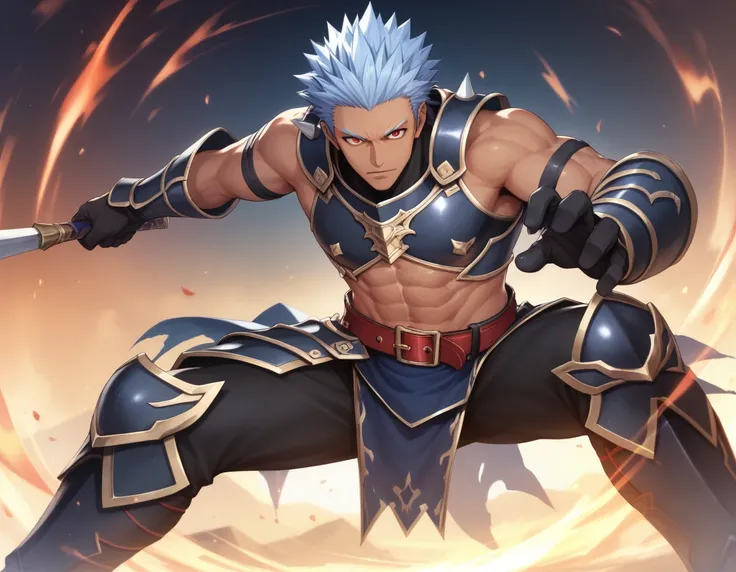 score_9, score_8_up, score_7_up, source_anime, BREAK 1man, heroic ikemen, solid dude, light blue hair, spiked hair slicked back, forehead, tsurime, red eyes, toned body, tanned skin, sharp eyes, BREAK abs, black armor, croptop armor, sleeveless armor, blac...