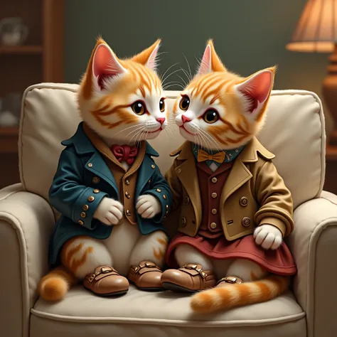 Scene: Two young cats in stylish outfits and tiny shoes, sitting close together on a couch. One looks excited and leans in to whisper, while the other is wide-eyed.
