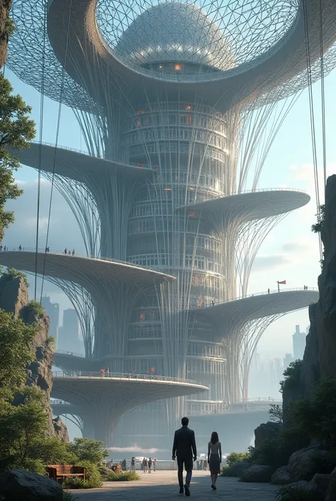 Make a 5-story building made of cables and make the spaces like a dome 