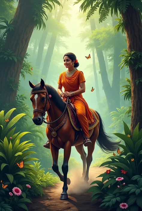 Horse riding in a jungle with indian dress,in a positive vibe