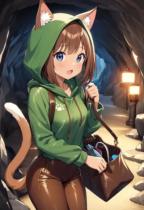 Best Quality、  one girl playing pranks、Slender body、  small breasts、  shiny brown hair 、 3 red whiskers pattern 、  short bob、 Cat ears and tail、 dark blue eyes、light brown skin、Proud look、Green hood、Brown leather outfit 、cave、 Im packing my treasure in my ...