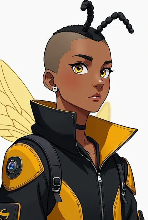 Generate a male anime-style character with dark skin, inspired by a mix of human and insect features. The character should have a unique and stylish appearance, serious expression, and should not be overly kawaii. The character should have a shaved head (b...