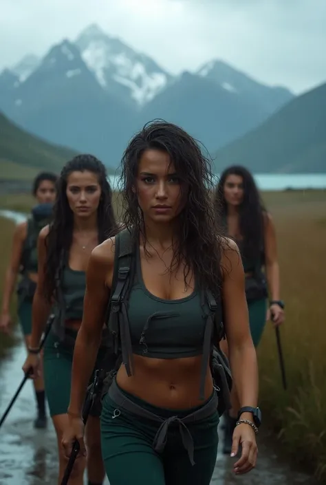  Realistic photograph of a scene of a group of women with wet hair wearing wet trekking clothes, on a rainy day, heavy rain, walking, In the background and in the distance a Patagonian mountain and a Patagonian lake 