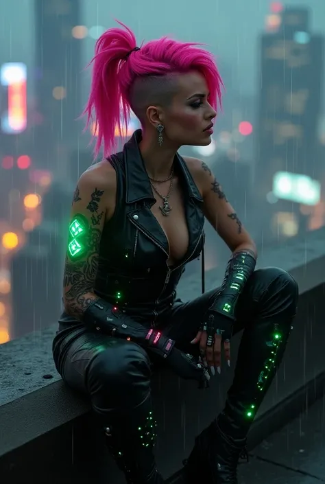 A cyberpunk woman with vibrant pink hair styled in a mohawk, dressed in a black leather outfit adorned with LED lights, posing on a rooftop in a rainy metropolis, the city lights reflecting on her skin, with green glowing cybernetic implants visible on her...