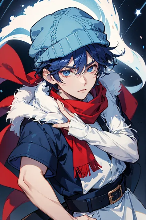 male、I have dark blue hair and short hair 、 blue eyes、 Im wearing a blue knit hat 、 Im wearing a red scarf、 Wears a White Shirt 。