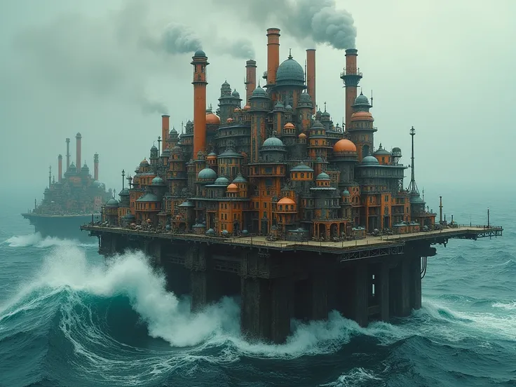  Steampunk schemes of a complex industrial mini-city , mini apartment buildings  , small towers , smoking pipes on oil in a platform in a turbulent ocean