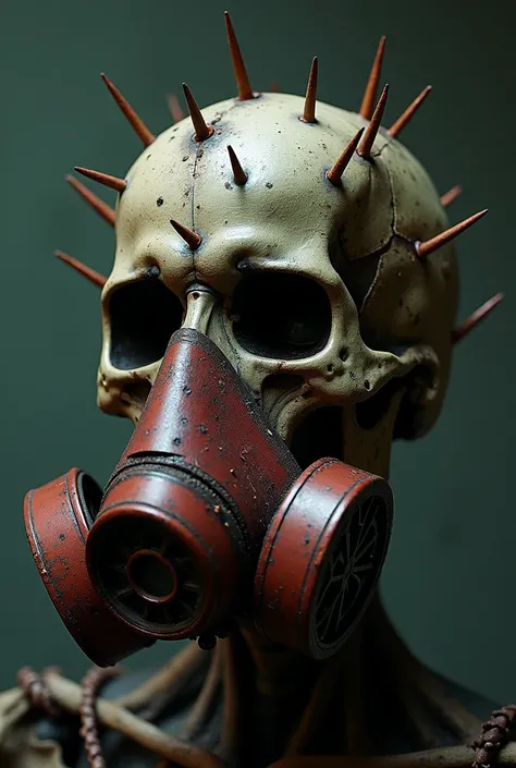  generates a realistic dark skull with spots of iron oxide and fine rusty barbed wire with many short dark spikes stuck in the skull and eye sockets seen from the side with a green background degraded in black, Wearing a dark red and dirty gas mask with la...