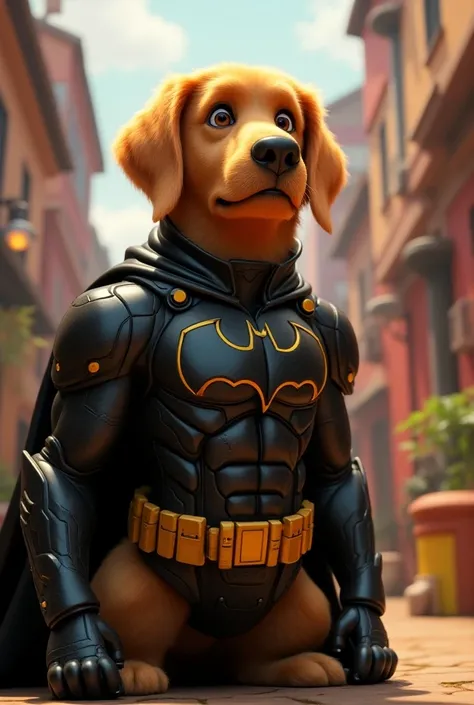 Create a Disney Pixar-style character of an adult male golden retriever wearing DC Batman armor