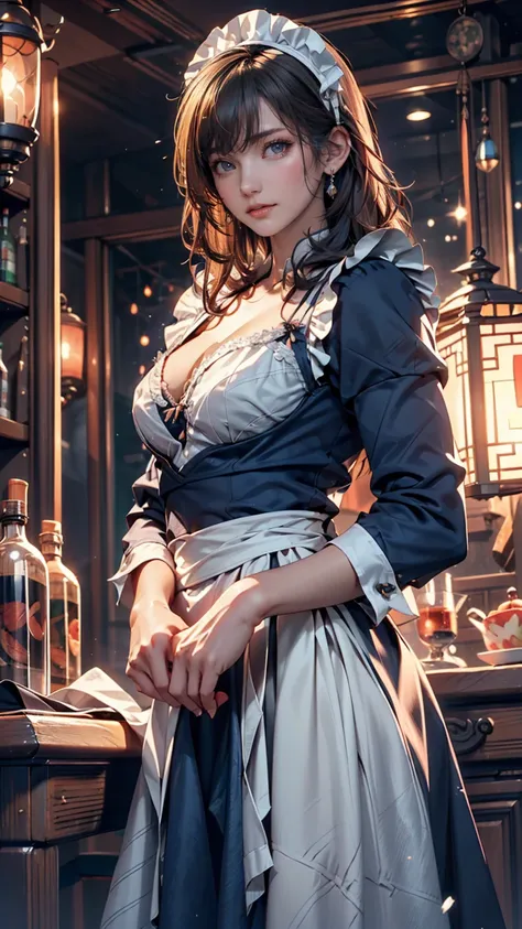 ((16 Night Sakiya)), ((Oriental Project)),  cosplay,  20-year-old female, (((Grey Hair)), ((Medium spiky hair)), (( Blue Maid Outfit)), (( white blouse)), Middle of chest, (Light)))), (Pose))), (Photorealistic photos: 1.3), rim Lighting, ( High Detail Skin...