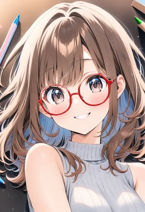 ((style:Colored pencil,pale colour)),(anime), (masterpiece:1.2),1girl, brown hair, big eyes, black eyes, ((red round eyewear)), smile, blushful, BREAK Please make the best girl with glasses you think.Celebrate a birthday.