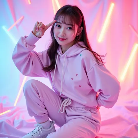 Create a vibrant, K-pop-inspired image featuring an adorable and confident supermodel dressed in trendy, sporty clothes with glitter make-up that adds a touch of glam. The model should exude kawaii charm, wearing a modest, sporty outfit like a pastel-color...