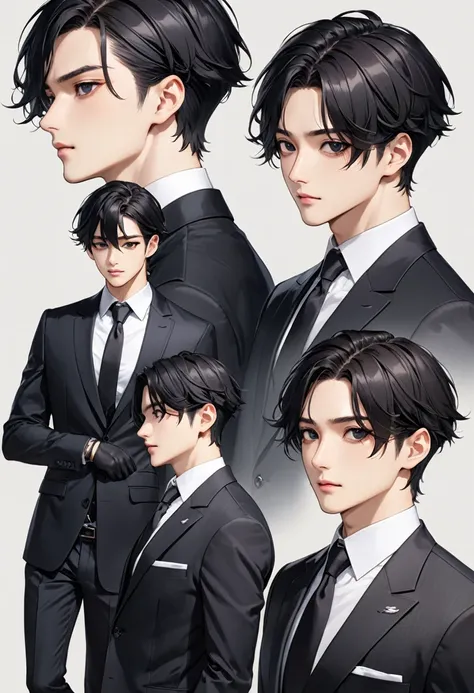 a handsome boy、short black hair、black eyes,wearing a suit at 4 different angles