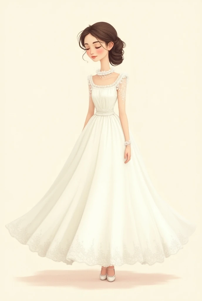 In a cartoon, create a lady in a white full body christening dress with shoes