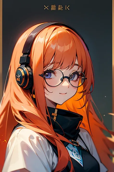  Wellington glasses、Baby Face、Small breasts、 princess cut、Beautiful girl with long straight orange hair 、 high resolution on down, Character portrait,  turn your gaze ,  peace sign、Put the headphones around your neck、 street fashion、 close one eye,  is lau...