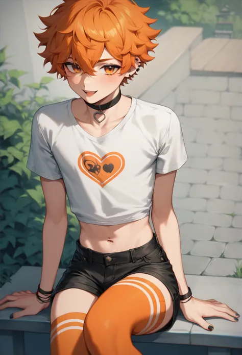 alternative boy, emo boy, twink, oval face, orange eyes, short and curly hair with bangs, orange hair, white crop top with an orange heart, black choker, very slim body, black short shorts, long orange thigh high socks white stripes, outside, following him...