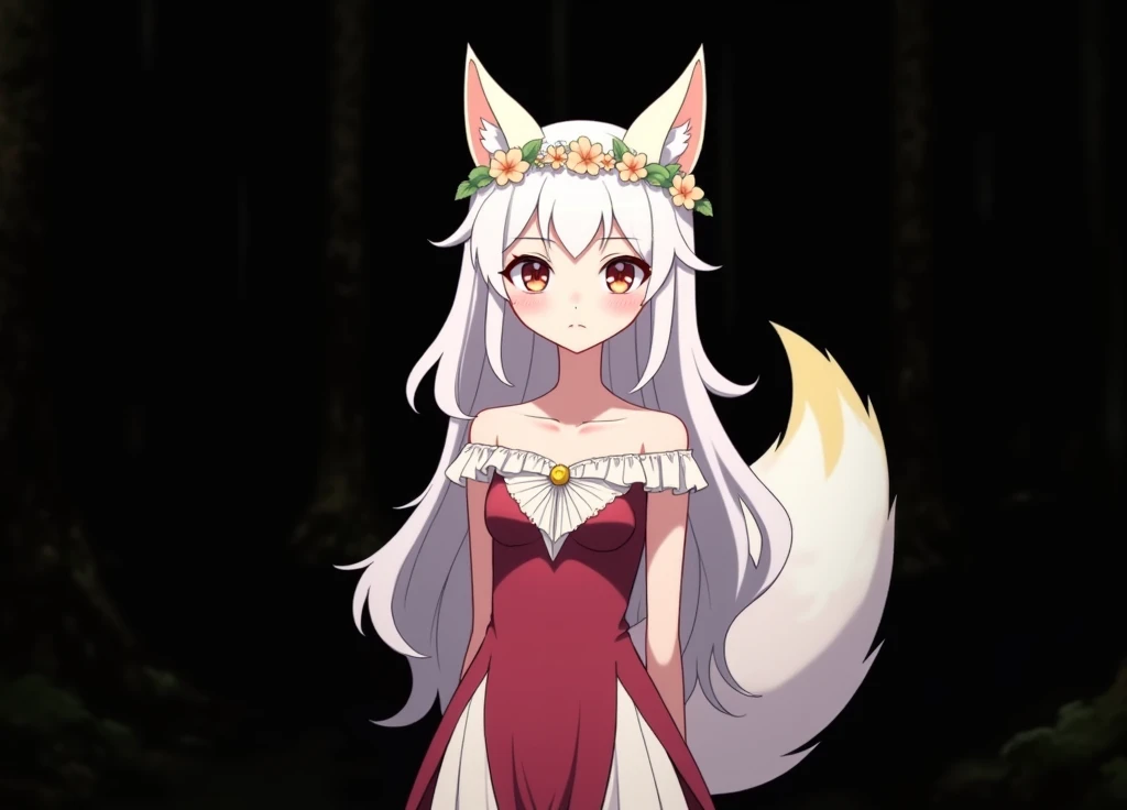 1girl, kitsune, white hair, detailed eyes, detailed face, detailed hair, elegant dress, flower crown, glowing fox ears, glowing fox tail, mystical forest, mossy trees, moonlight, soft lighting, intricate details, highly detailed, digital art, fantasy, ethe...