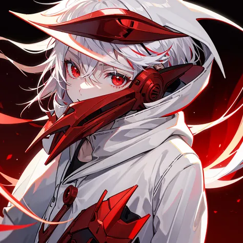 High Resolution, Masterpiece, Accurate, Best Quality, Red eyes, White haired, red visor hat, Red hoodie, Black glove, Night lights background 