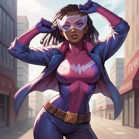  masterpiece ,  best quality ,  ultra high resolution ,  realistic skin texture, comics style, 4k image, beautiful,  an African-American girl , dreadlocks, belt, Alone, long hair, purple eyes,  superhero visor  , breasts,  looking at the viewer, purple hai...