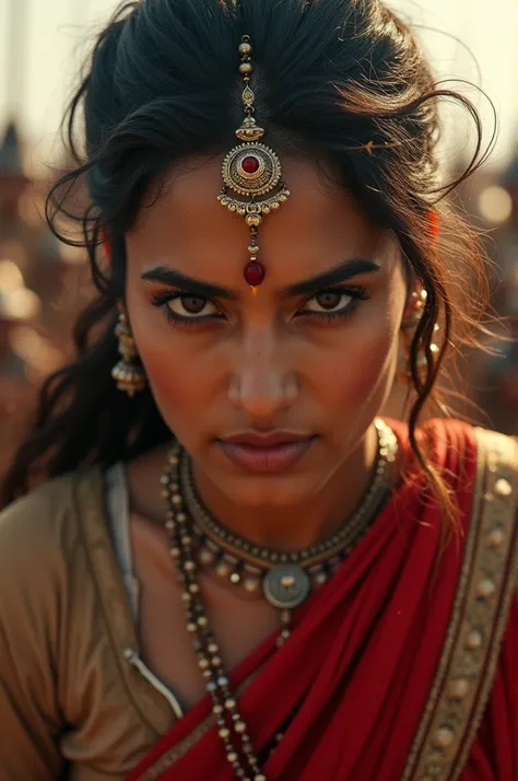 A close-up of Rani Lakshmibais face, filled with fierce determination. Her eyes are intense, looking directly at the British officers standing in front of her. She is holding her sword pointed towards them, making her iconic declaration, "I will not surren...