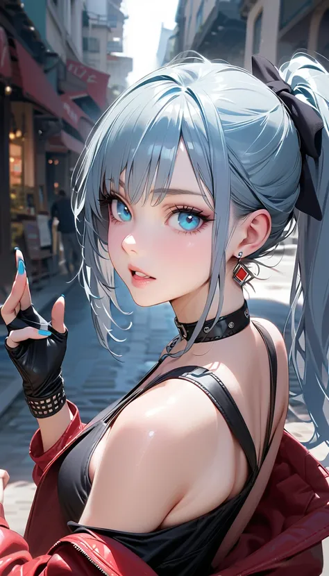  1 girl, Aqua Eye, return, bangs,  Bare Shoulder , black Gloves,  blue eyes,  braided ,  choker,  earrings for a woman alone, fingerless Gloves,  from behind, Gloves, Grey Hair, holding,  jacket,  jewellery, Long Hair,  viewers, looking return,  nail polis...