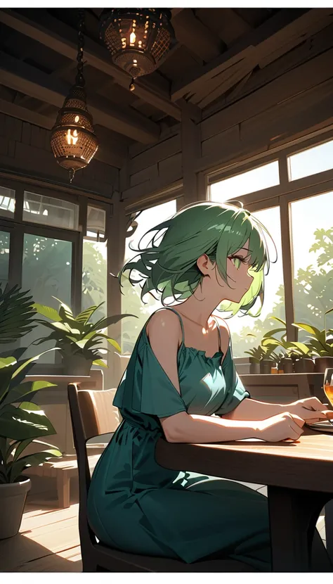 masterpiece, Best Quality,Super detailed, hyperdetail , cinematic Light,,  1 girl, Solo, ,  outdoor , Summer House, ting in the Summer House,  plant, table,  chandelier, Candles, wind, green eyeS, Pan green silver hair,  short hair, animal_S, animal__Fluff...