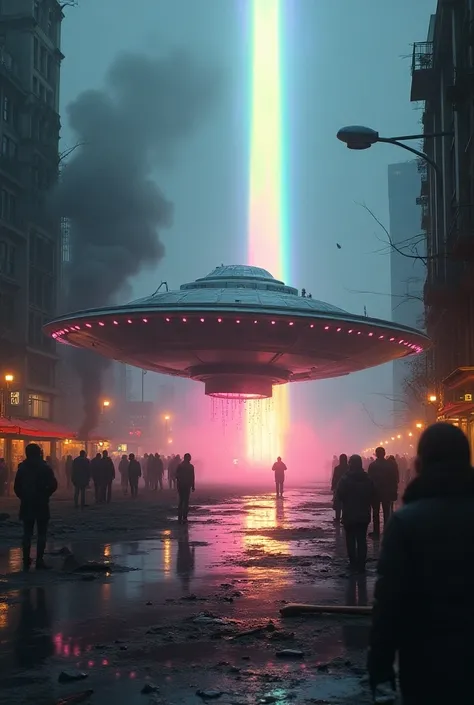 A scene showing an unidentified flying object in the citys central square fallen,  raising dust and debris . around, Some residents look on in shock, and the UFO emits a multicolored light that reflects off a water source on the ground