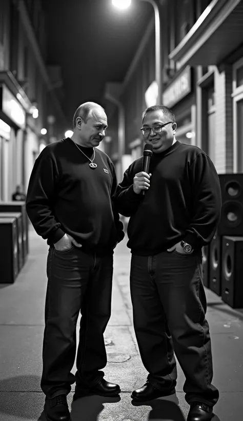 black and white fisheye street photography, shot from above angle, Putin and Kim Jong Un standing together holding a mic in hip-hop styles (oversized black crewneck, large baggy jeans pants), full speaker sound system backdrop, standing in a urban street a...