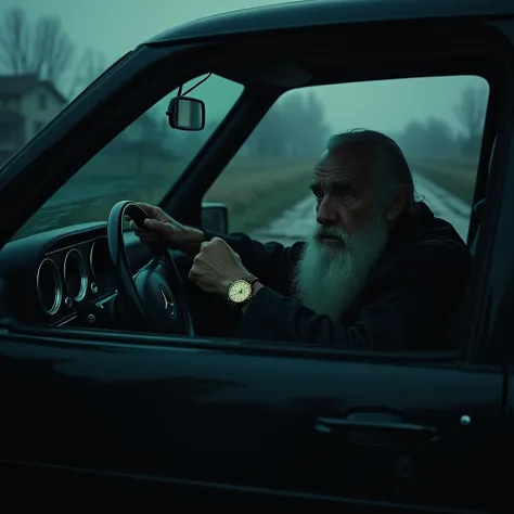 Late evening in a rural Soviet village, with mud-covered roads and a gloomy, dark atmosphere. A black luxurious Mercedes-Benz S-Class is parked, and inside, an elderly, gray-haired priest with a beard, who looks like an exorcist, sits behind the wheel. He ...