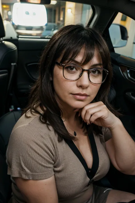 40 year old italian milf, chubby, bangs, glasses, dressed nice but provocative, backseat of car at nighttime.