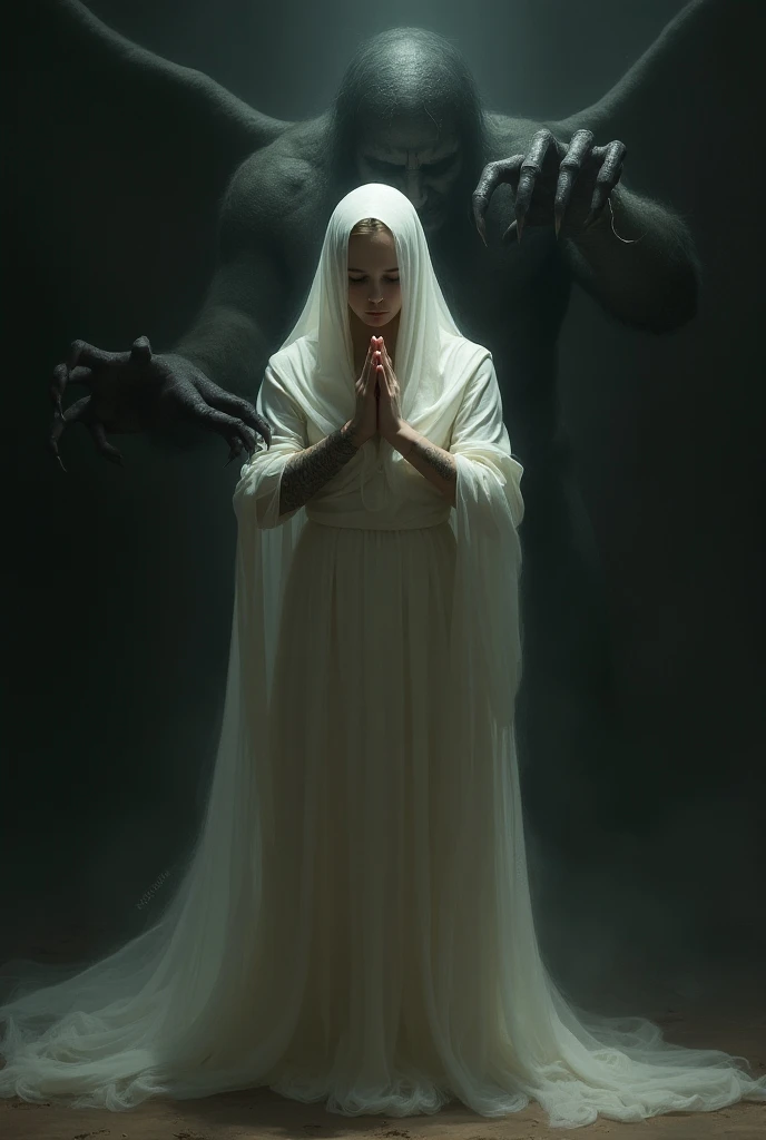 A woman covered by a white veil praying with a black demons hand clutching her neck 